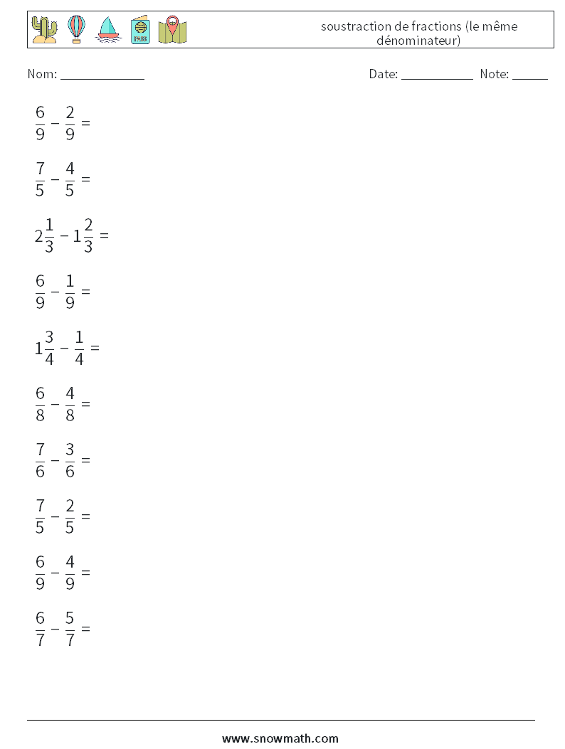 (10) soustraction de fractions (le même dénominateur) Fiches d'Exercices de Mathématiques 9