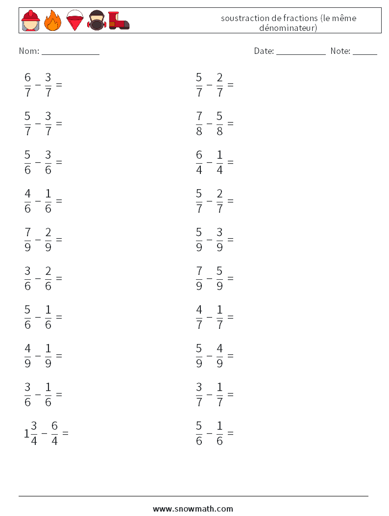 (20) soustraction de fractions (le même dénominateur)