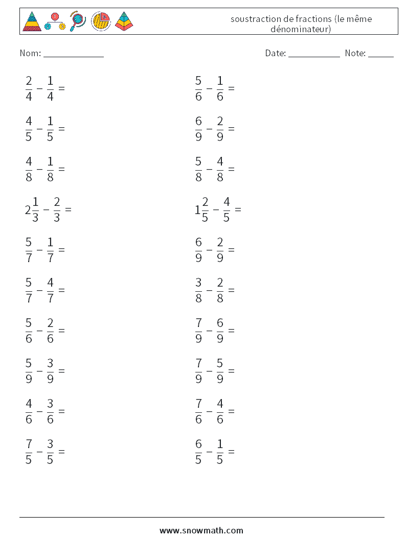 (20) soustraction de fractions (le même dénominateur) Fiches d'Exercices de Mathématiques 10