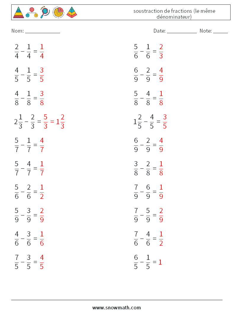 (20) soustraction de fractions (le même dénominateur) Fiches d'Exercices de Mathématiques 10 Question, Réponse