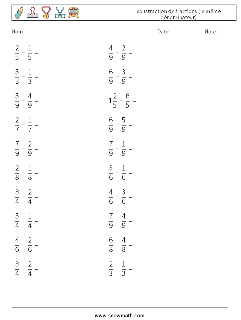 (20) soustraction de fractions (le même dénominateur) Fiches d'Exercices de Mathématiques 11