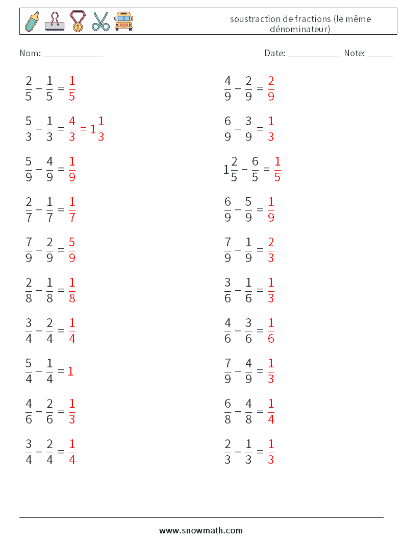 (20) soustraction de fractions (le même dénominateur) Fiches d'Exercices de Mathématiques 11 Question, Réponse