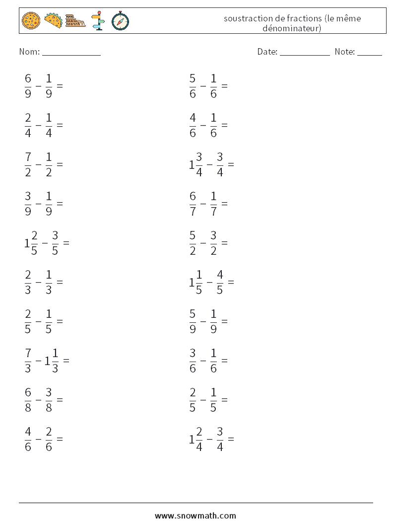 (20) soustraction de fractions (le même dénominateur) Fiches d'Exercices de Mathématiques 12