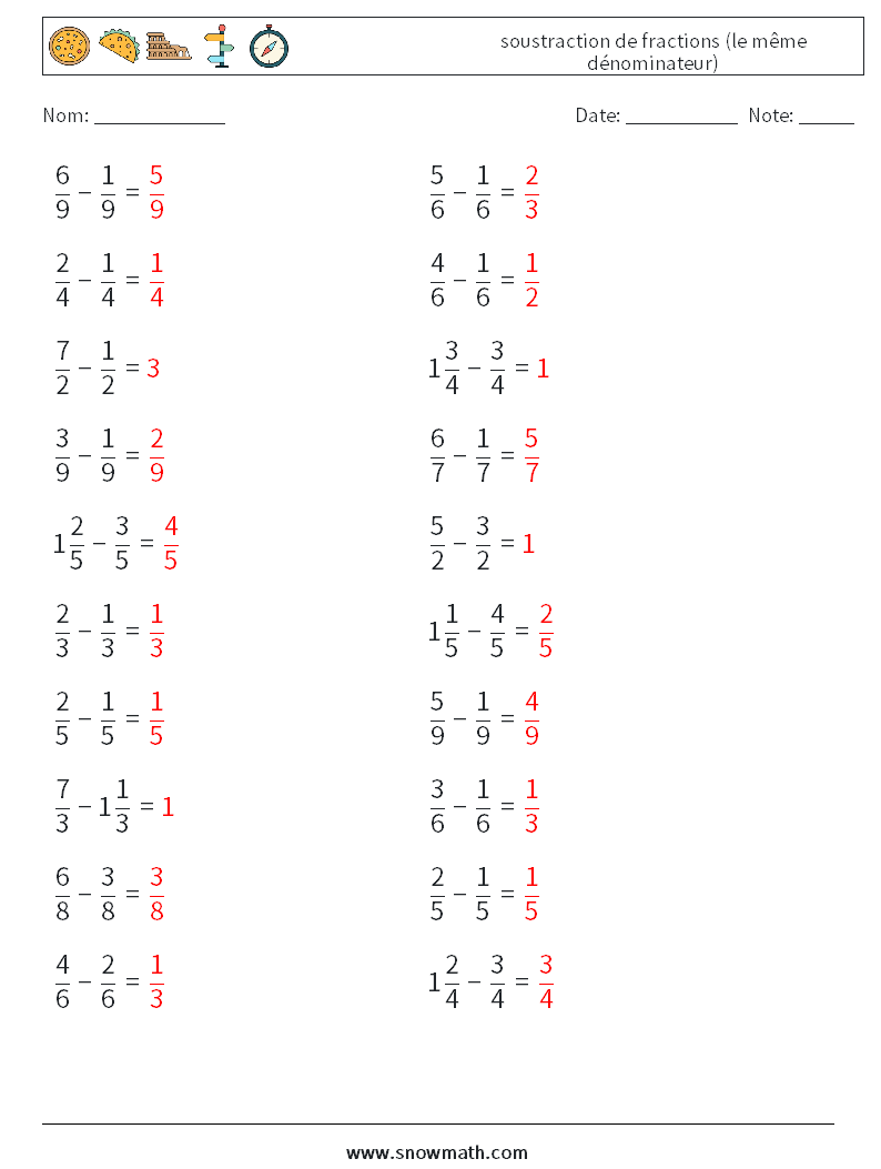 (20) soustraction de fractions (le même dénominateur) Fiches d'Exercices de Mathématiques 12 Question, Réponse