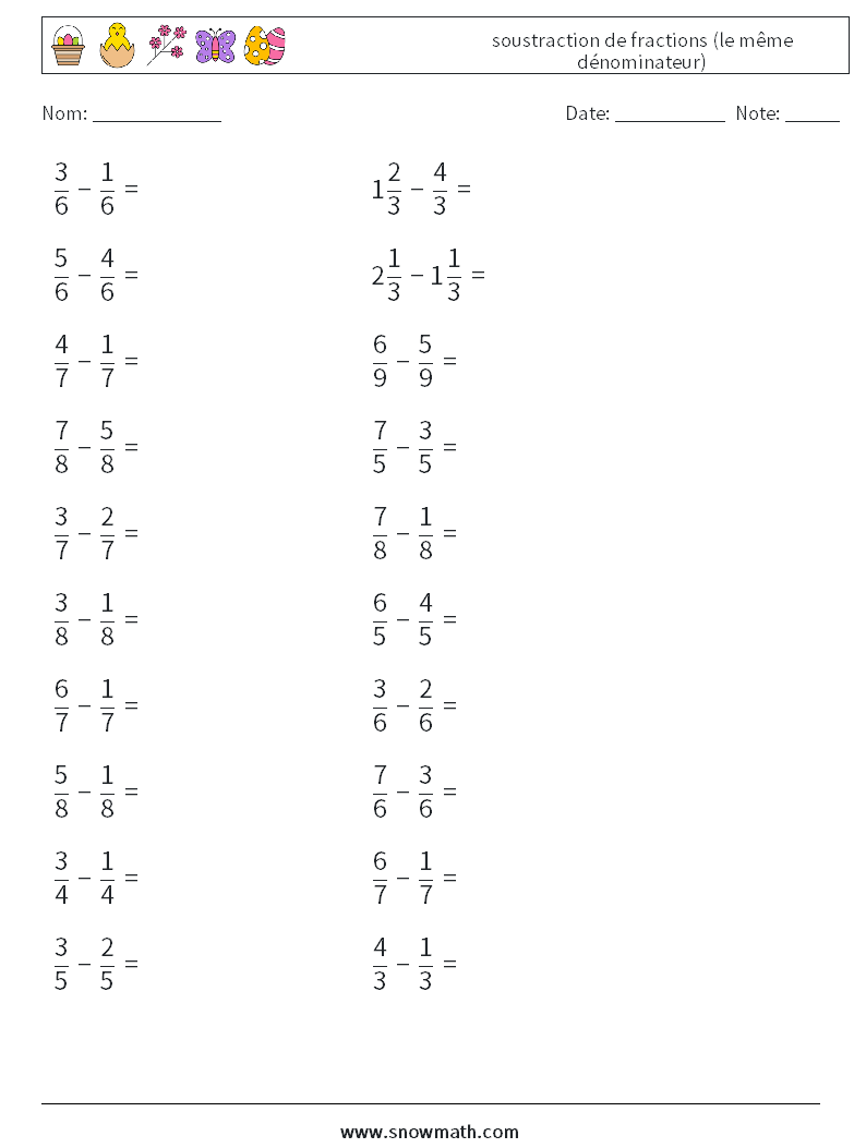 (20) soustraction de fractions (le même dénominateur) Fiches d'Exercices de Mathématiques 13