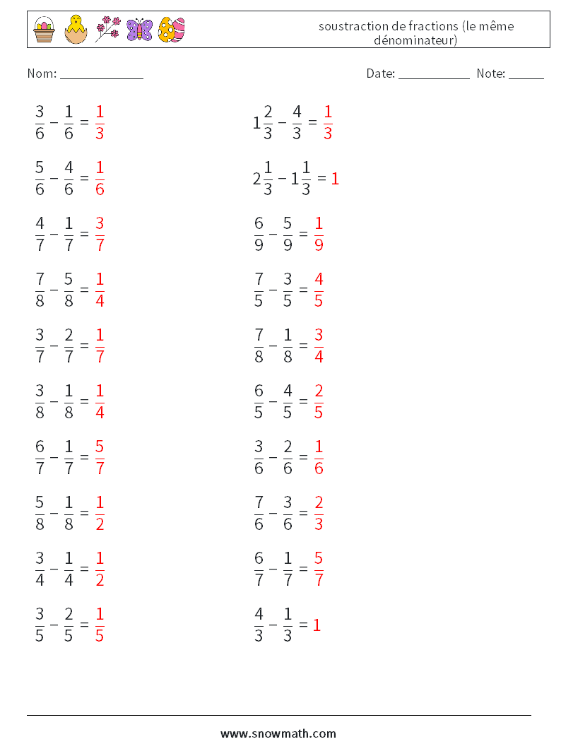 (20) soustraction de fractions (le même dénominateur) Fiches d'Exercices de Mathématiques 13 Question, Réponse