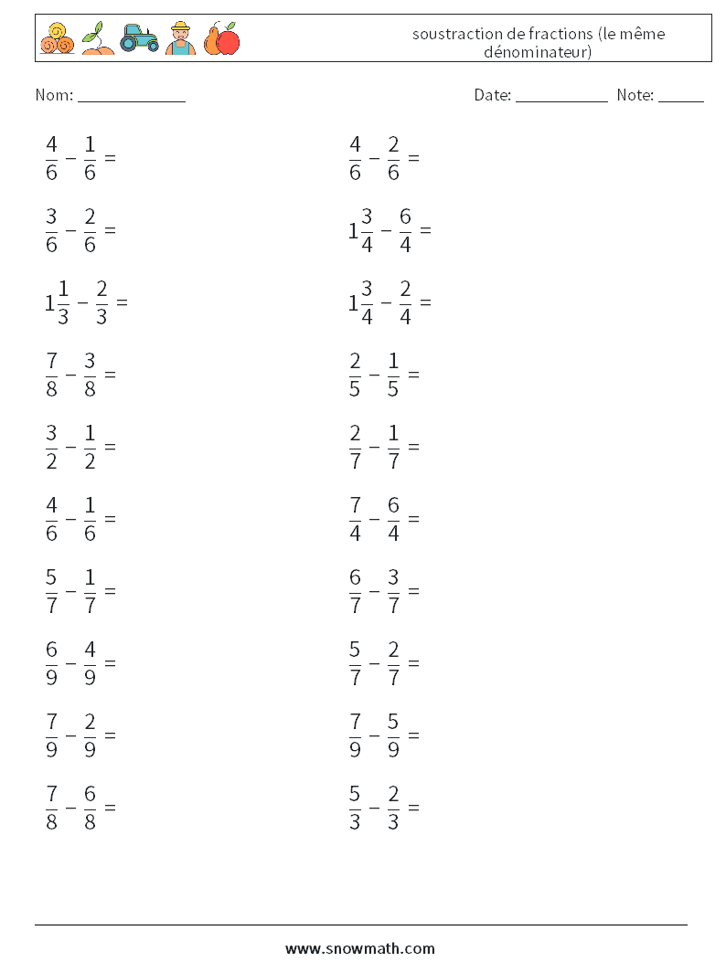 (20) soustraction de fractions (le même dénominateur) Fiches d'Exercices de Mathématiques 14