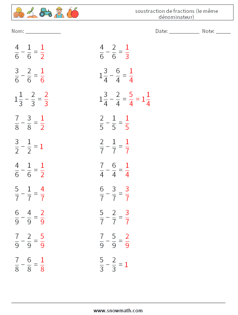 (20) soustraction de fractions (le même dénominateur) Fiches d'Exercices de Mathématiques 14 Question, Réponse