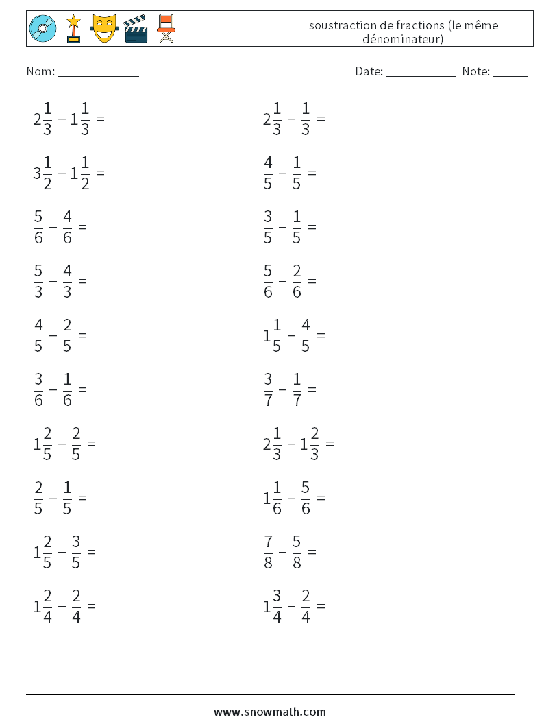 (20) soustraction de fractions (le même dénominateur) Fiches d'Exercices de Mathématiques 15
