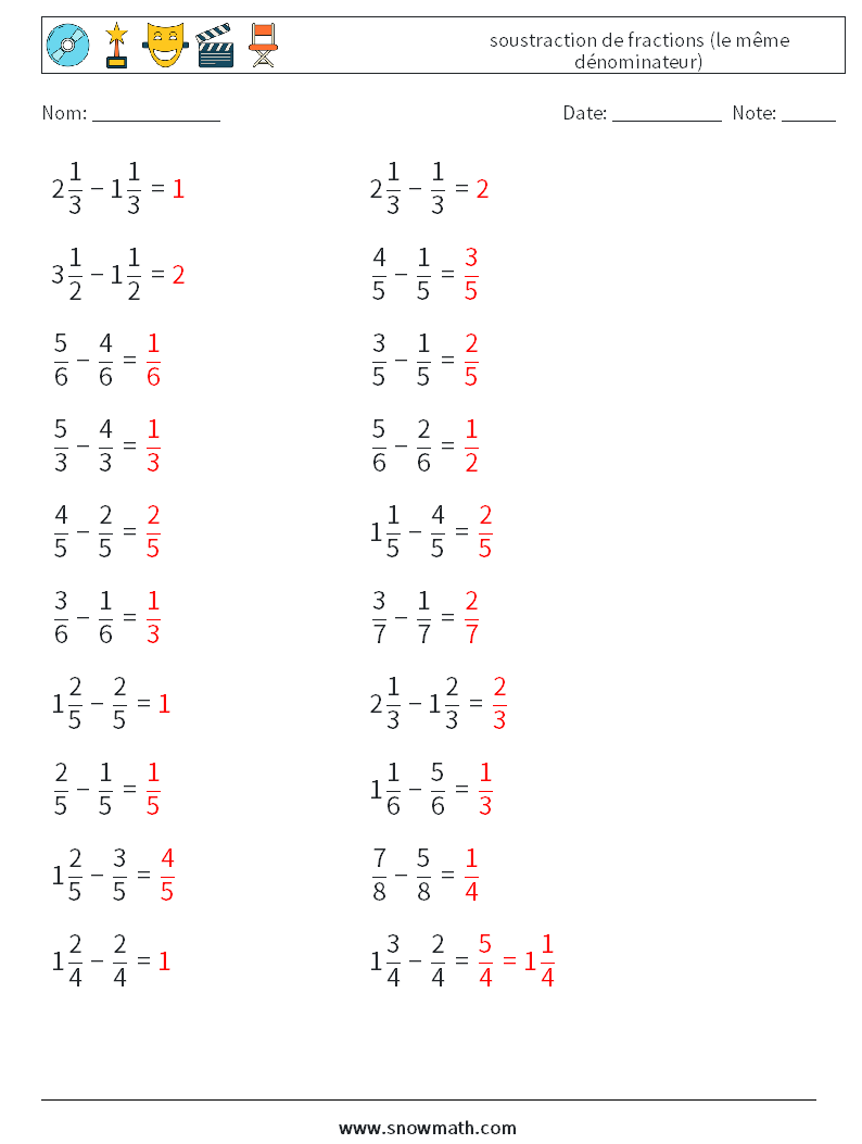 (20) soustraction de fractions (le même dénominateur) Fiches d'Exercices de Mathématiques 15 Question, Réponse