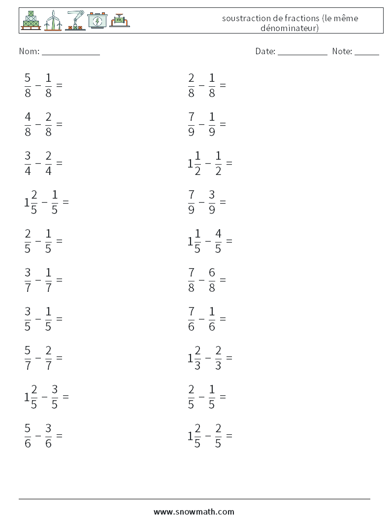 (20) soustraction de fractions (le même dénominateur) Fiches d'Exercices de Mathématiques 16