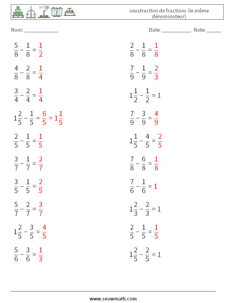 (20) soustraction de fractions (le même dénominateur) Fiches d'Exercices de Mathématiques 16 Question, Réponse