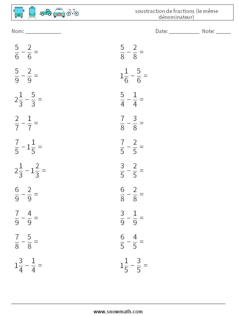 (20) soustraction de fractions (le même dénominateur) Fiches d'Exercices de Mathématiques 17