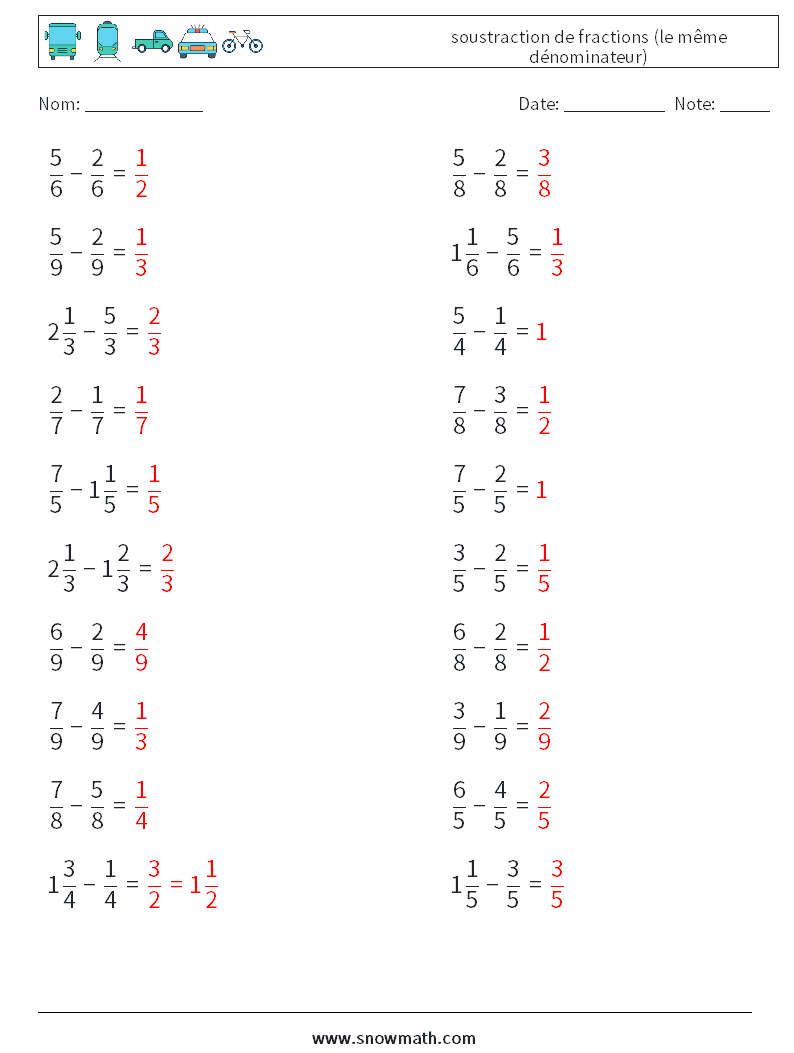 (20) soustraction de fractions (le même dénominateur) Fiches d'Exercices de Mathématiques 17 Question, Réponse