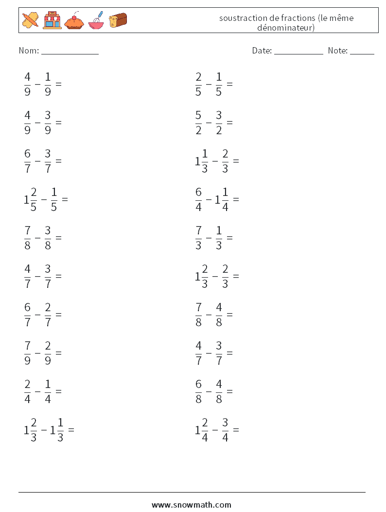 (20) soustraction de fractions (le même dénominateur) Fiches d'Exercices de Mathématiques 18