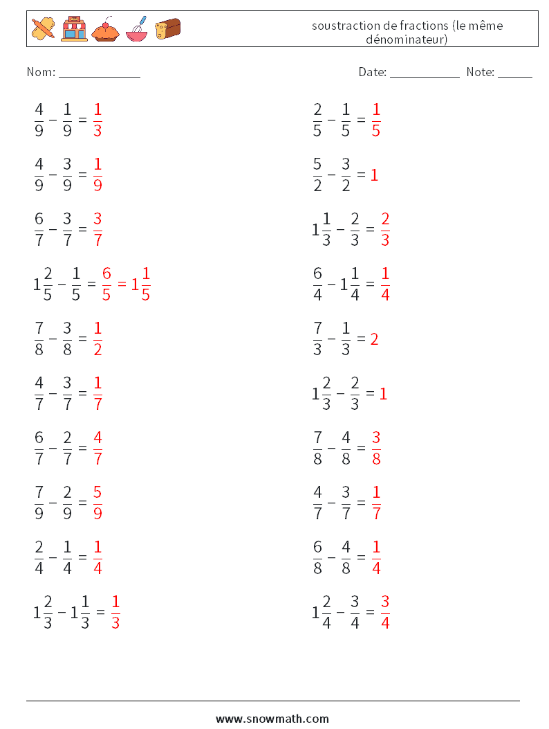 (20) soustraction de fractions (le même dénominateur) Fiches d'Exercices de Mathématiques 18 Question, Réponse
