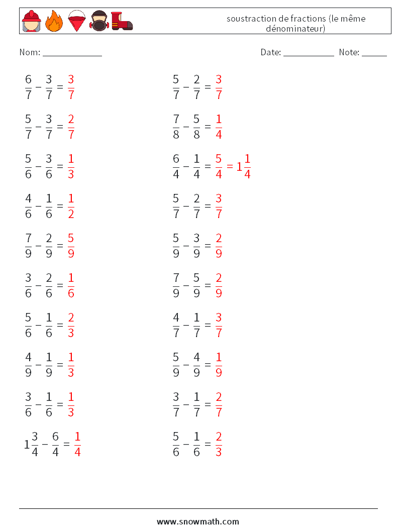 (20) soustraction de fractions (le même dénominateur) Fiches d'Exercices de Mathématiques 1 Question, Réponse