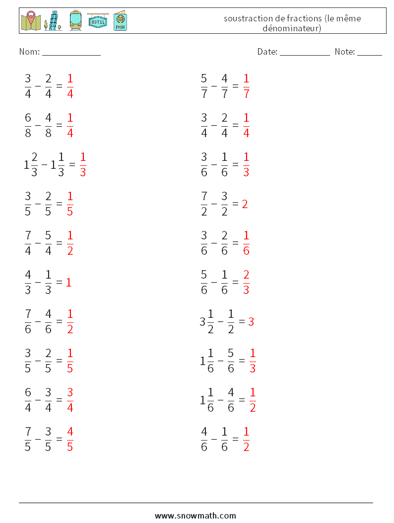 (20) soustraction de fractions (le même dénominateur) Fiches d'Exercices de Mathématiques 2 Question, Réponse