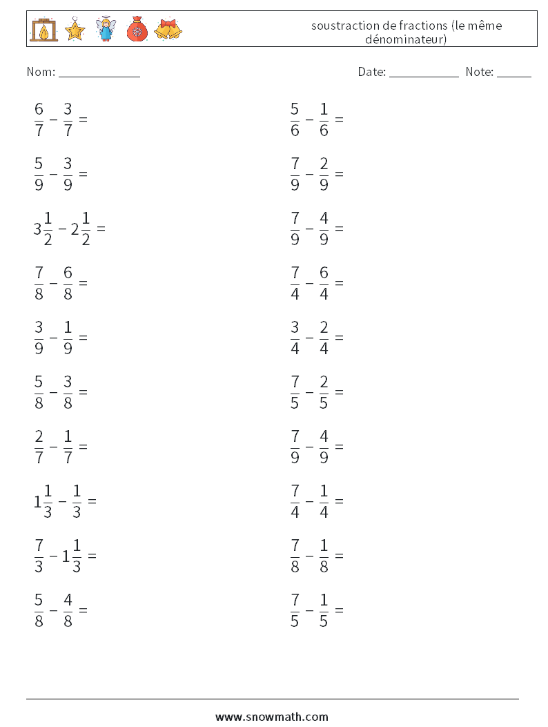 (20) soustraction de fractions (le même dénominateur) Fiches d'Exercices de Mathématiques 4