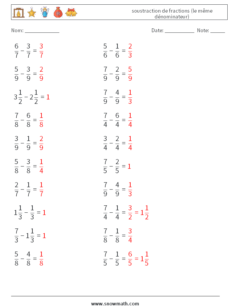 (20) soustraction de fractions (le même dénominateur) Fiches d'Exercices de Mathématiques 4 Question, Réponse
