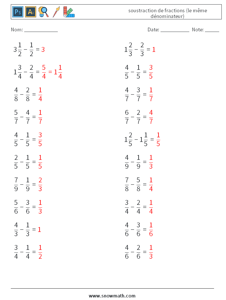 (20) soustraction de fractions (le même dénominateur) Fiches d'Exercices de Mathématiques 5 Question, Réponse