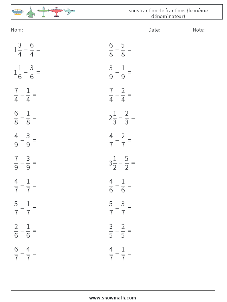 (20) soustraction de fractions (le même dénominateur) Fiches d'Exercices de Mathématiques 6
