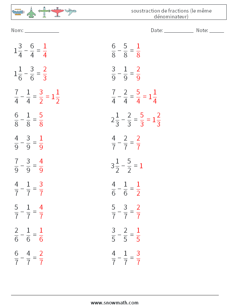 (20) soustraction de fractions (le même dénominateur) Fiches d'Exercices de Mathématiques 6 Question, Réponse