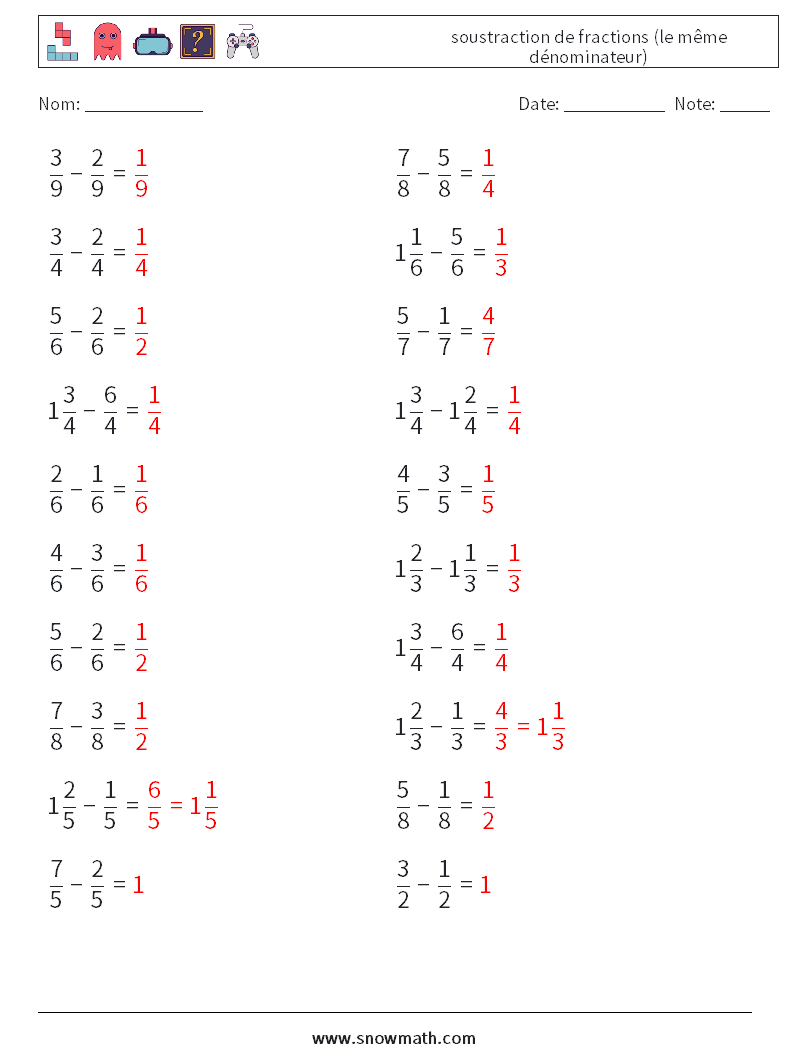 (20) soustraction de fractions (le même dénominateur) Fiches d'Exercices de Mathématiques 7 Question, Réponse
