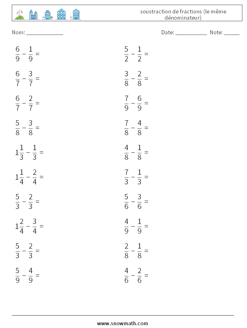 (20) soustraction de fractions (le même dénominateur) Fiches d'Exercices de Mathématiques 8