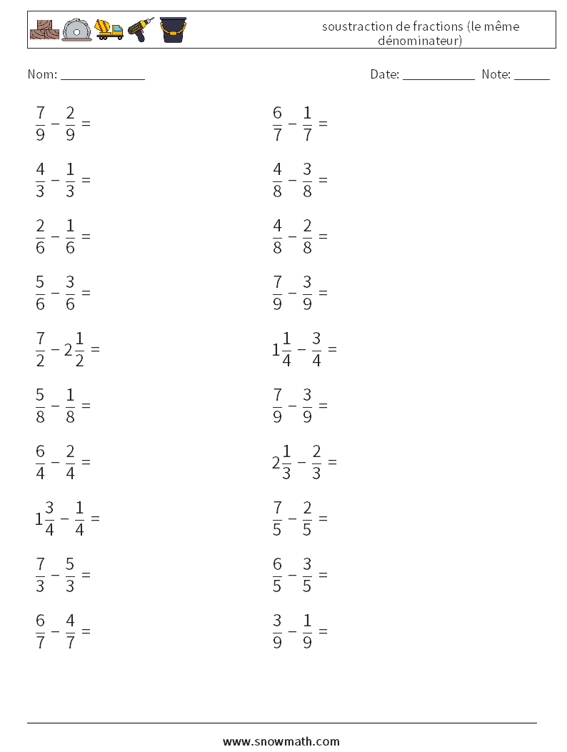 (20) soustraction de fractions (le même dénominateur) Fiches d'Exercices de Mathématiques 9