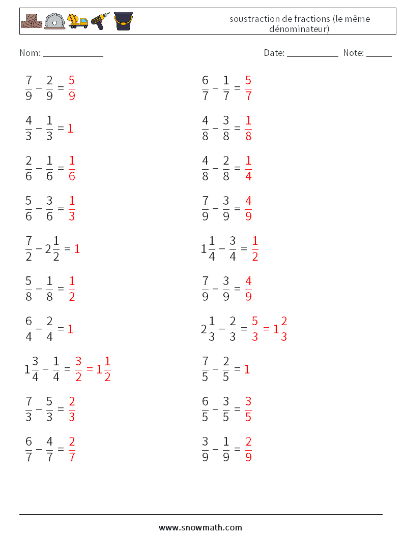 (20) soustraction de fractions (le même dénominateur) Fiches d'Exercices de Mathématiques 9 Question, Réponse