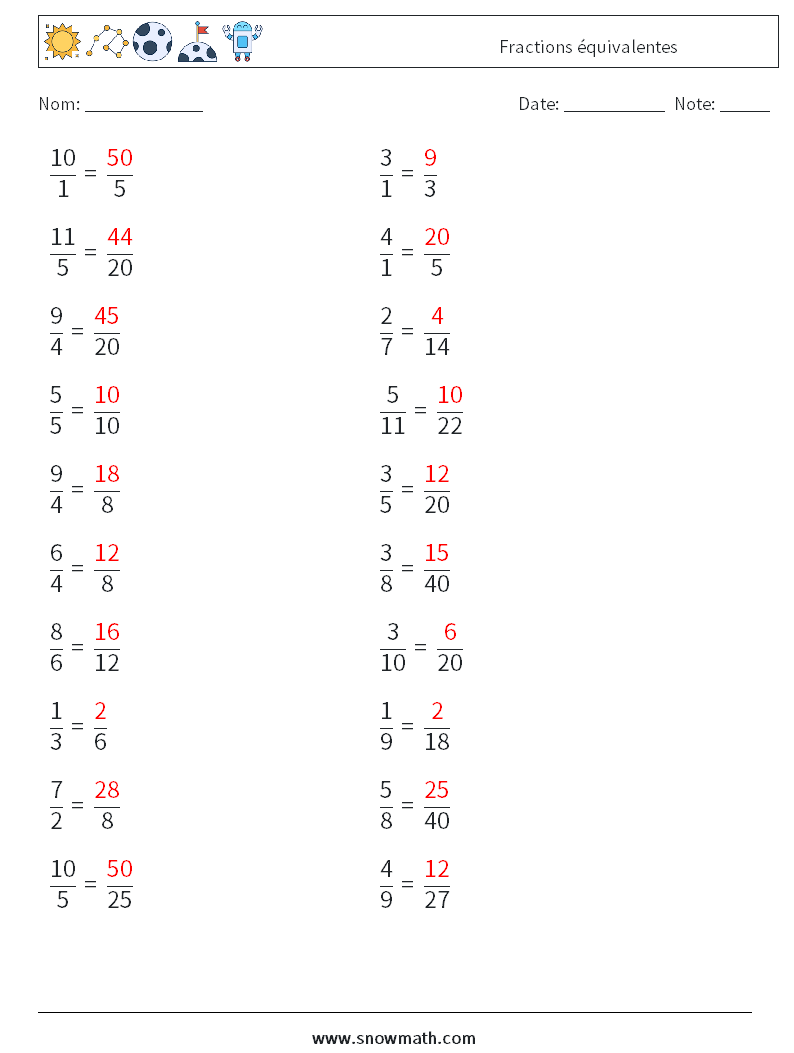 (20) Fractions équivalentes Fiches d'Exercices de Mathématiques 1 Question, Réponse