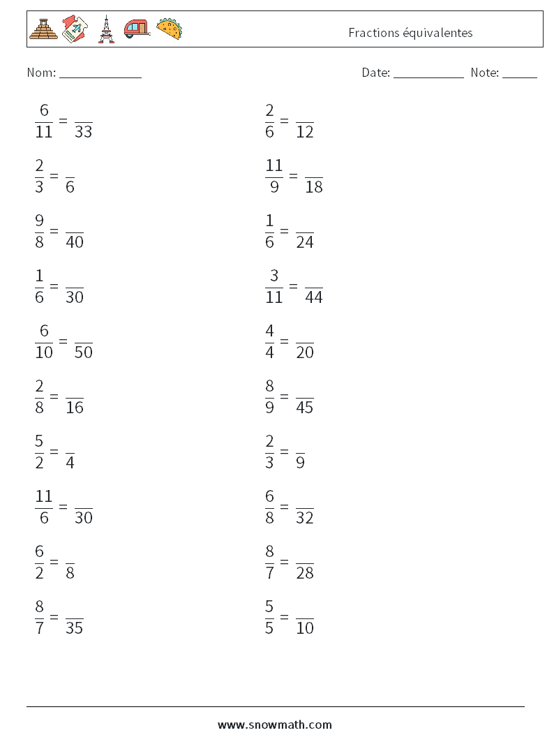 (20) Fractions équivalentes Fiches d'Exercices de Mathématiques 2