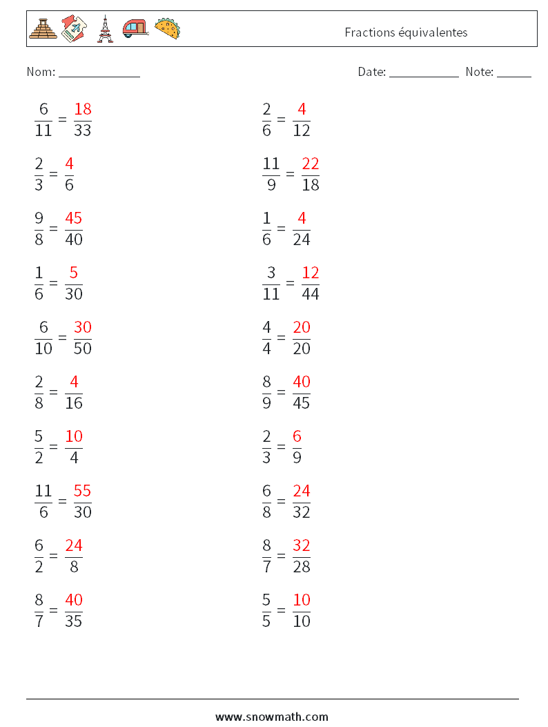 (20) Fractions équivalentes Fiches d'Exercices de Mathématiques 2 Question, Réponse