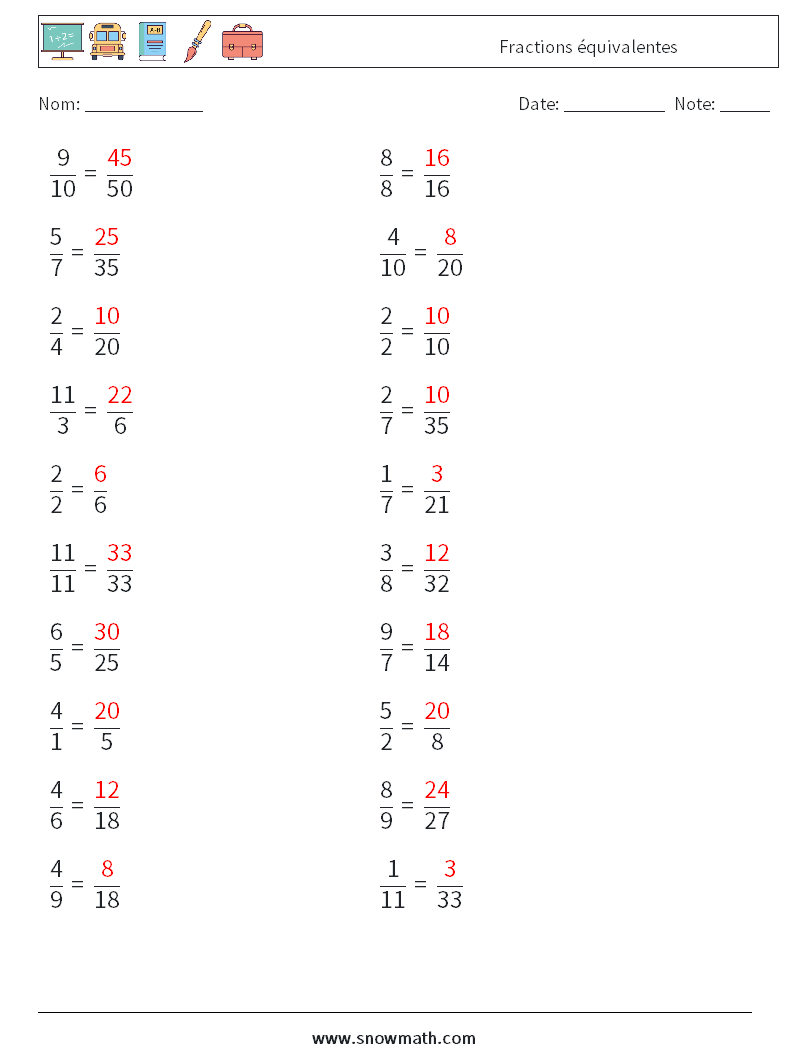 (20) Fractions équivalentes Fiches d'Exercices de Mathématiques 3 Question, Réponse