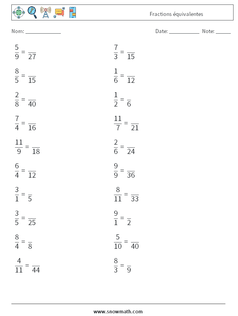 (20) Fractions équivalentes Fiches d'Exercices de Mathématiques 4