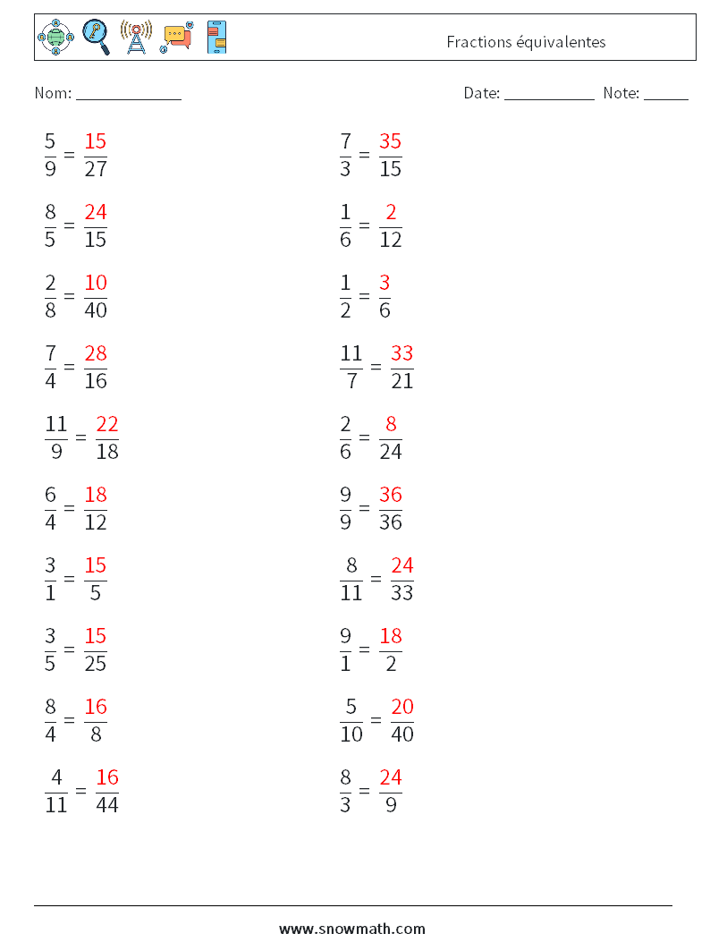 (20) Fractions équivalentes Fiches d'Exercices de Mathématiques 4 Question, Réponse