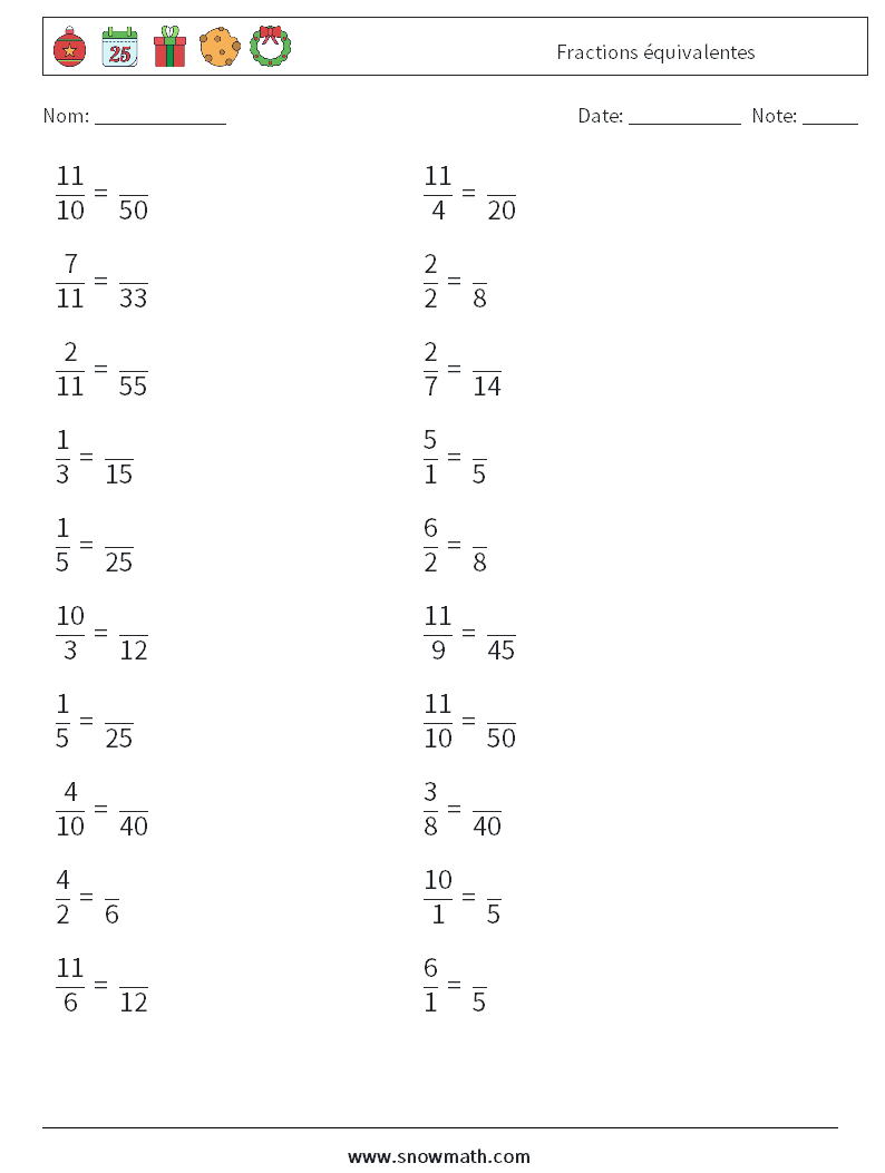(20) Fractions équivalentes Fiches d'Exercices de Mathématiques 5