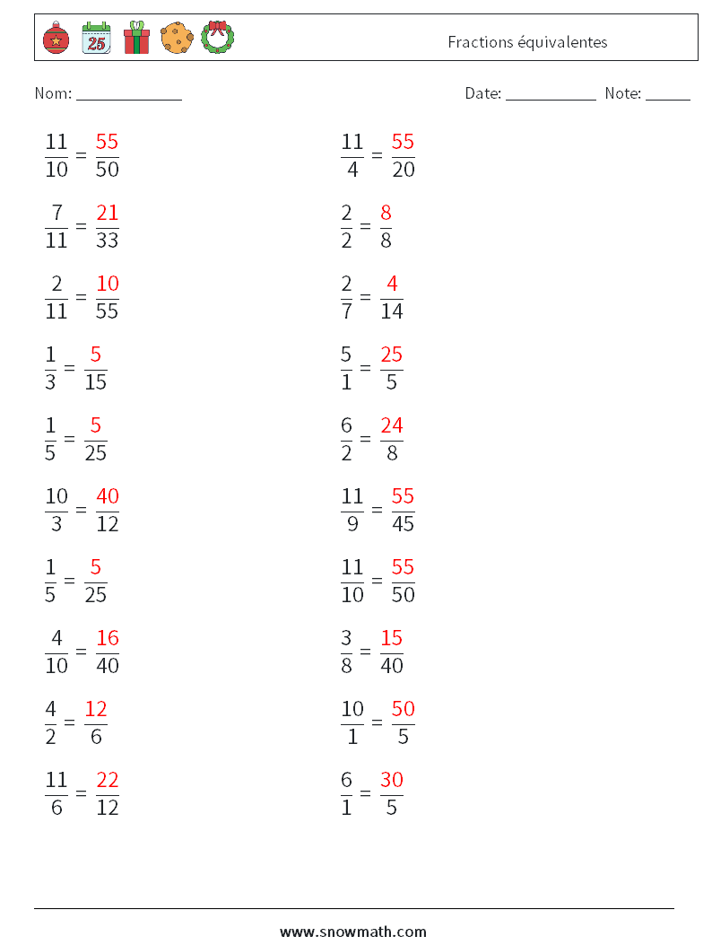 (20) Fractions équivalentes Fiches d'Exercices de Mathématiques 5 Question, Réponse