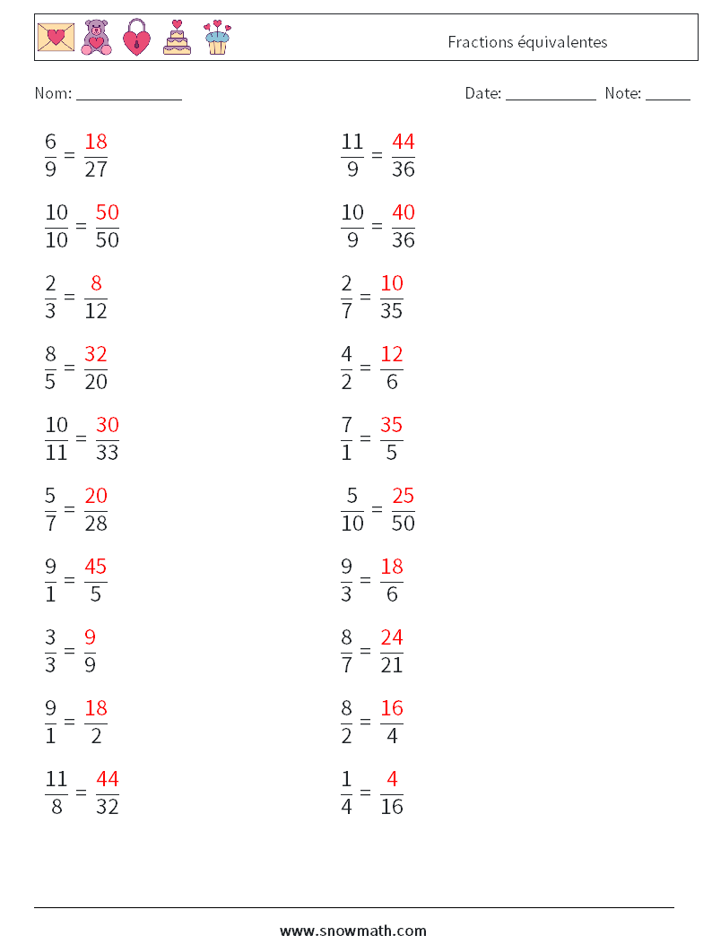 (20) Fractions équivalentes Fiches d'Exercices de Mathématiques 6 Question, Réponse