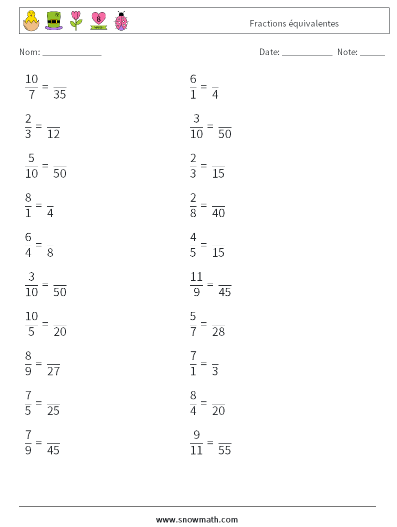 (20) Fractions équivalentes Fiches d'Exercices de Mathématiques 7
