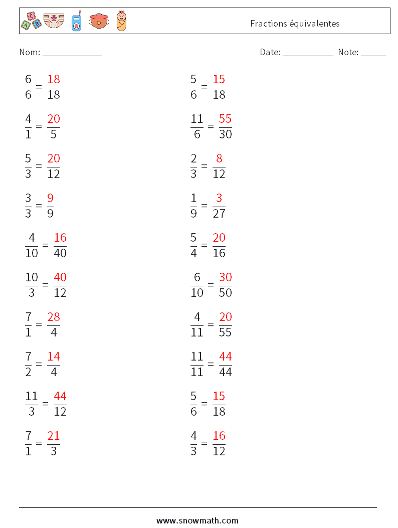 (20) Fractions équivalentes Fiches d'Exercices de Mathématiques 8 Question, Réponse