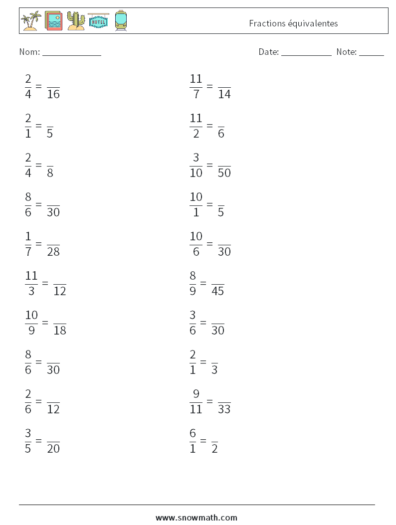 (20) Fractions équivalentes Fiches d'Exercices de Mathématiques 9