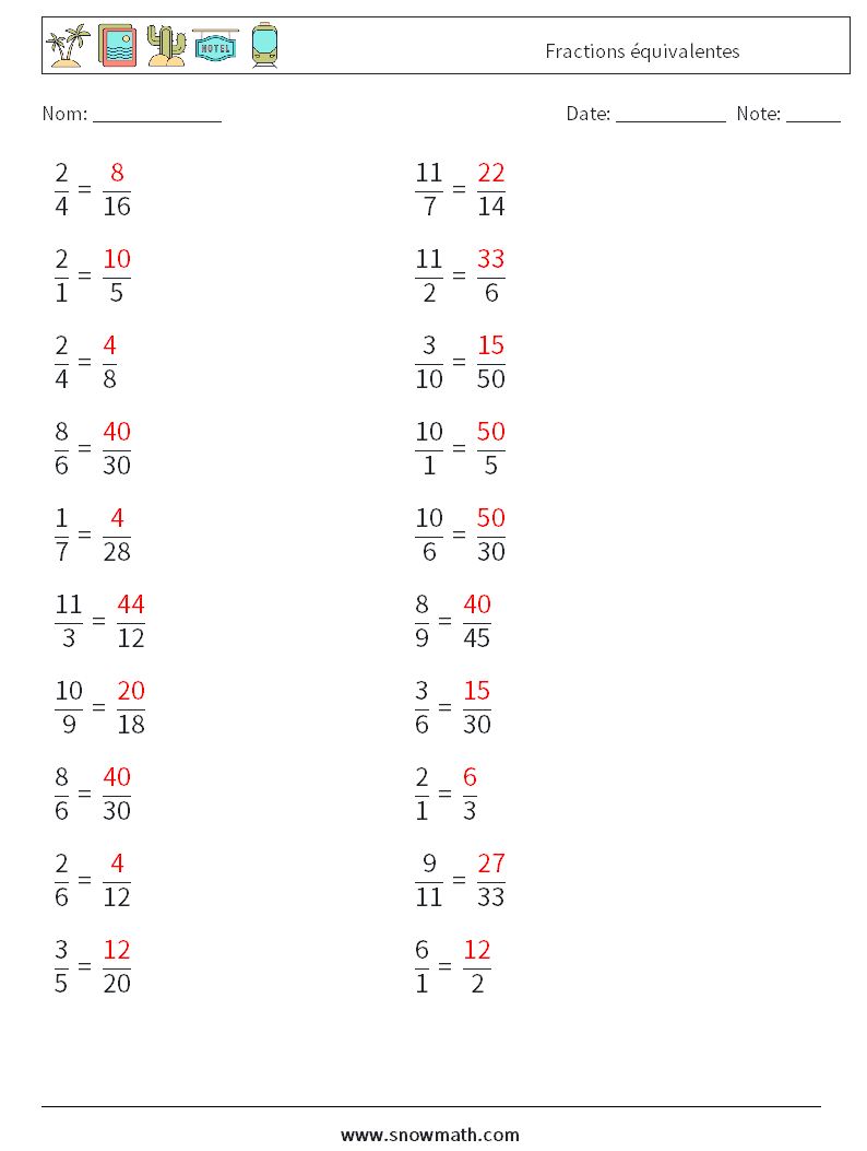 (20) Fractions équivalentes Fiches d'Exercices de Mathématiques 9 Question, Réponse