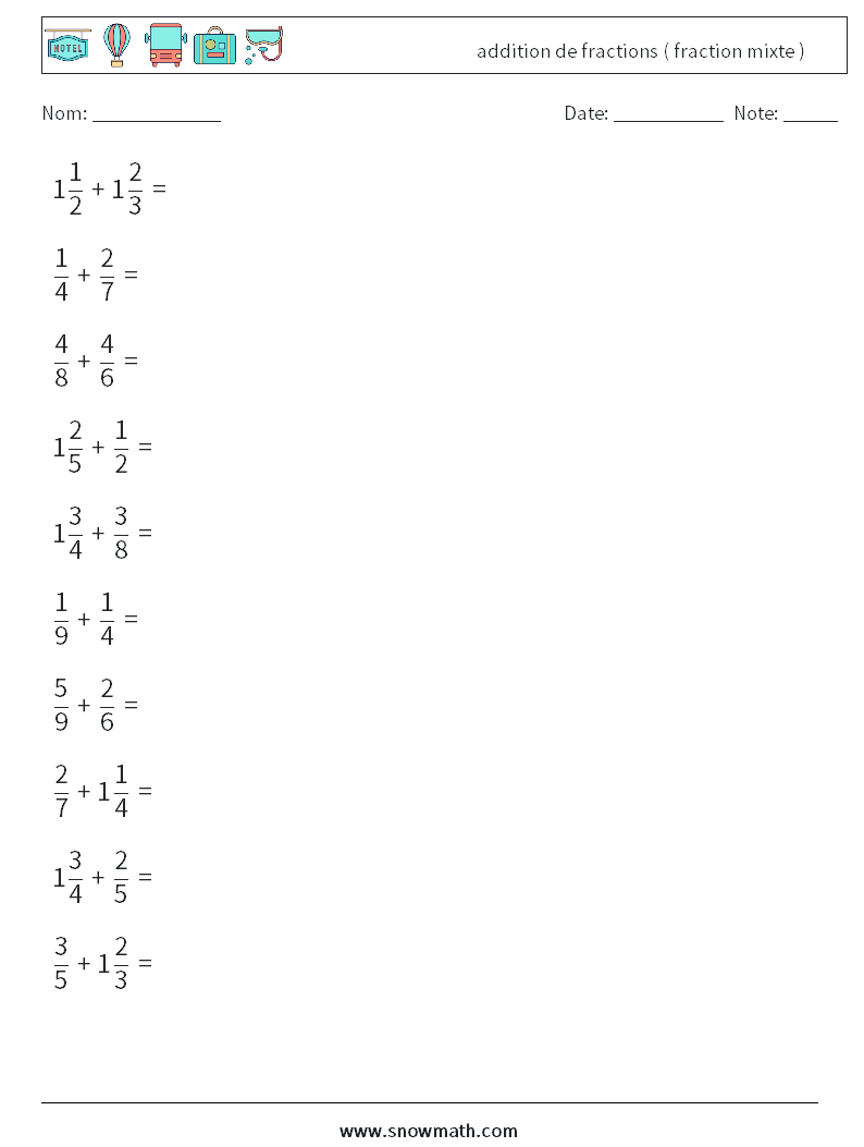 (10) addition de fractions ( fraction mixte ) Fiches d'Exercices de Mathématiques 5