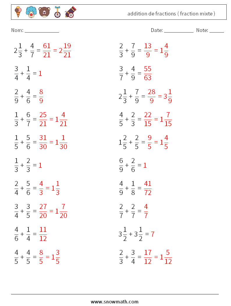 (20) addition de fractions ( fraction mixte ) Fiches d'Exercices de Mathématiques 11 Question, Réponse