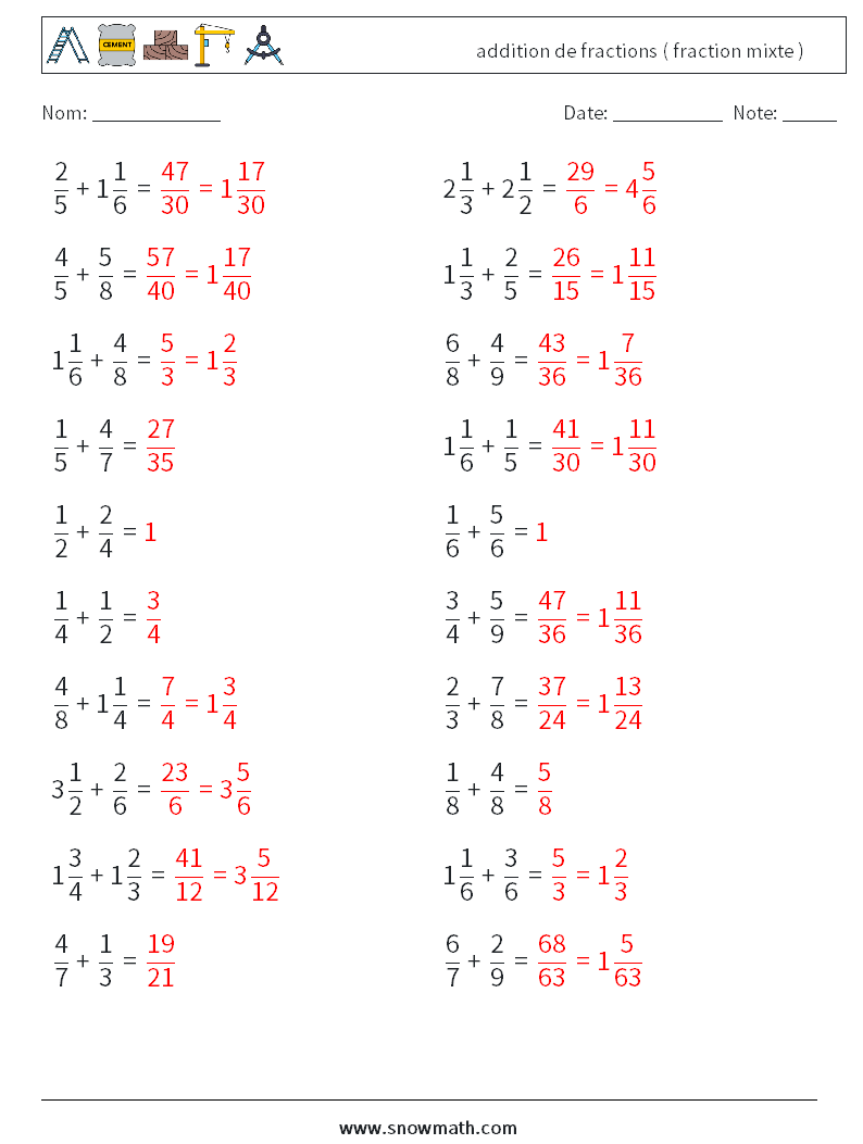 (20) addition de fractions ( fraction mixte ) Fiches d'Exercices de Mathématiques 12 Question, Réponse