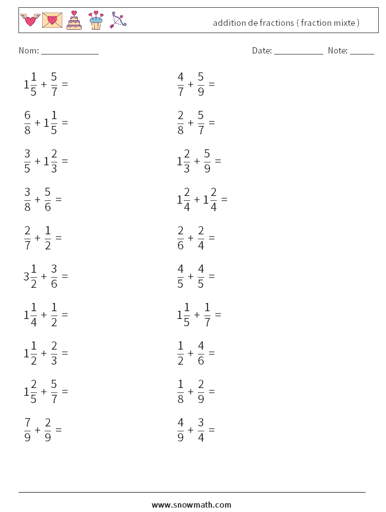 (20) addition de fractions ( fraction mixte ) Fiches d'Exercices de Mathématiques 14