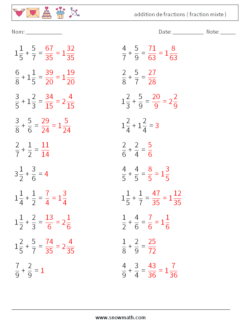 (20) addition de fractions ( fraction mixte ) Fiches d'Exercices de Mathématiques 14 Question, Réponse