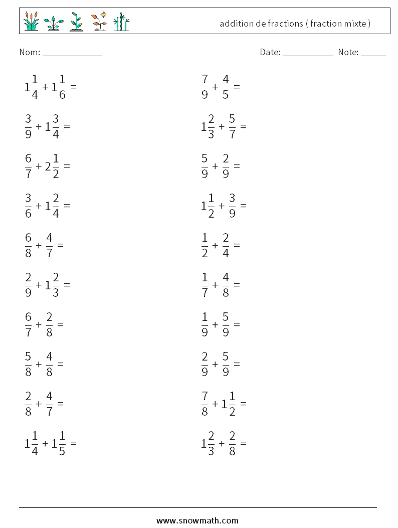 (20) addition de fractions ( fraction mixte ) Fiches d'Exercices de Mathématiques 16